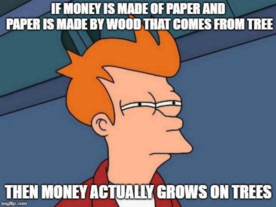 Futurama Fry | IF MONEY IS MADE OF PAPER AND PAPER IS MADE BY WOOD THAT COMES FROM TREE; THEN MONEY ACTUALLY GROWS ON TREES | image tagged in memes,futurama fry | made w/ Imgflip meme maker