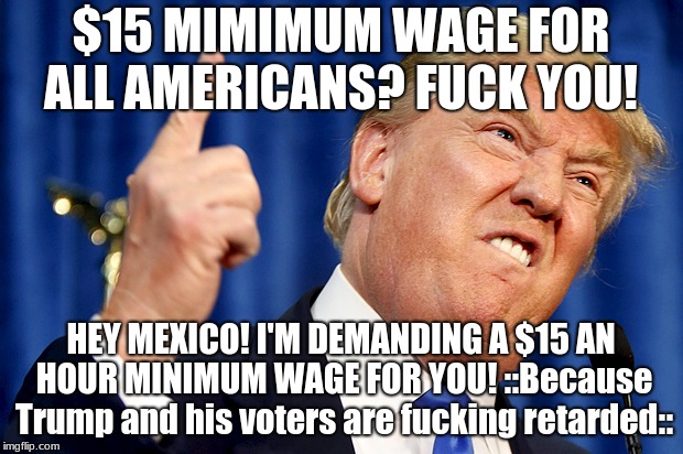 Trump says FUCK YOU to American Workers!  | $15 MIMIMUM WAGE FOR ALL AMERICANS? FUCK YOU! HEY MEXICO! I'M DEMANDING A $15 AN HOUR MINIMUM WAGE FOR YOU! ::Because Trump and his voters are fucking retarded:: | image tagged in donald trump,president,mexico,minimum wage,retarded,maga | made w/ Imgflip meme maker