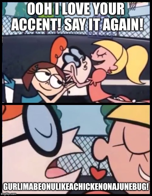 Say it Again, Dexter | OOH I LOVE YOUR ACCENT! SAY IT AGAIN! GURLIMABEONULIKEACHICKENONAJUNEBUG! | image tagged in say it again dexter | made w/ Imgflip meme maker
