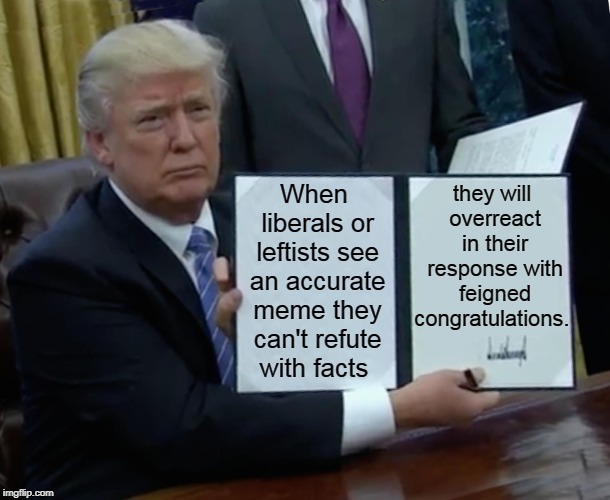 Trump Bill Signing Meme | When liberals or leftists see an accurate meme they can't refute with facts they will overreact in their response with feigned congratulatio | image tagged in memes,trump bill signing | made w/ Imgflip meme maker