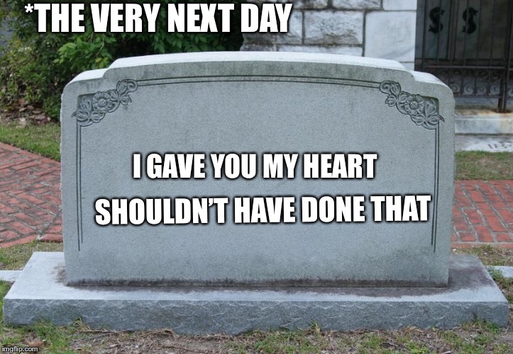 Blank Tombstone | *THE VERY NEXT DAY I GAVE YOU MY HEART SHOULDN’T HAVE DONE THAT | image tagged in blank tombstone | made w/ Imgflip meme maker