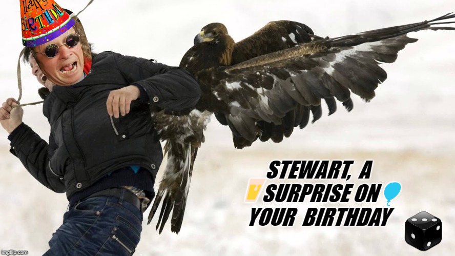 Eagle attack | STEWART, 
A 🍺SURPRISE ON🎈 YOUR 
BIRTHDAY | image tagged in eagle attack | made w/ Imgflip meme maker