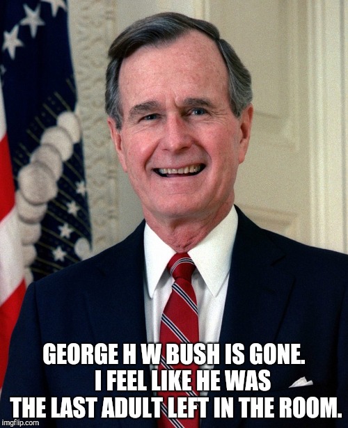 George H W Bush | GEORGE H W BUSH IS GONE.    I FEEL LIKE HE WAS THE LAST ADULT LEFT IN THE ROOM. | image tagged in george h w bush | made w/ Imgflip meme maker