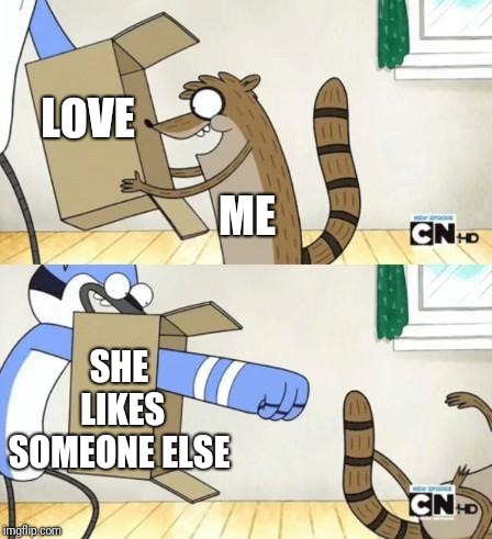 Mordecai Punches Rigby Through a Box | LOVE; ME; SHE LIKES SOMEONE ELSE | image tagged in mordecai punches rigby through a box | made w/ Imgflip meme maker