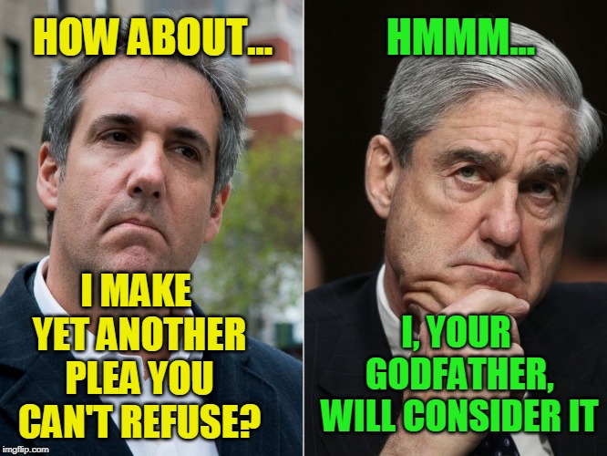 Plea Bargain | HMMM... HOW ABOUT... I MAKE YET ANOTHER PLEA YOU CAN'T REFUSE? I, YOUR GODFATHER, WILL CONSIDER IT | image tagged in michael cohen,robert mueller,the godfather | made w/ Imgflip meme maker