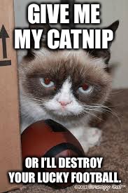 Grumpy Cat Football | GIVE ME MY CATNIP; OR I’LL DESTROY YOUR LUCKY FOOTBALL. | image tagged in grumpy cat football | made w/ Imgflip meme maker