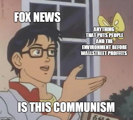 Is This A Pigeon | FOX NEWS; ANYTHING THAT PUTS PEOPLE AND THE ENVIRONMENT BEFORE WALLSTREET PROFFITS; IS THIS COMMUNISM | image tagged in memes,is this a pigeon,politics | made w/ Imgflip meme maker