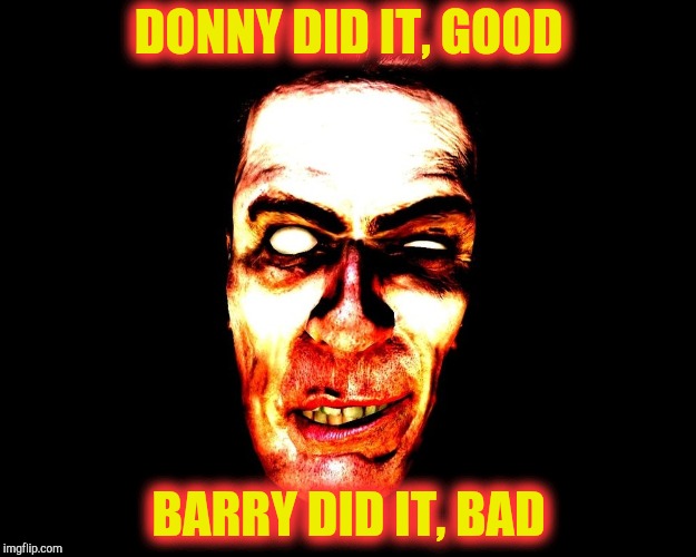 , burning | DONNY DID IT, GOOD BARRY DID IT, BAD | image tagged in g-man from half-life | made w/ Imgflip meme maker