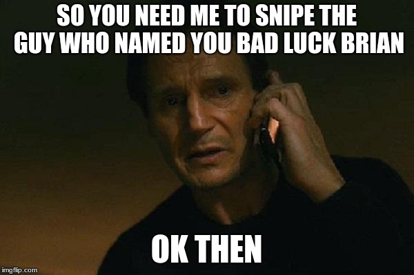 Liam neeson phone call | SO YOU NEED ME TO SNIPE THE GUY WHO NAMED YOU BAD LUCK BRIAN OK THEN | image tagged in liam neeson phone call | made w/ Imgflip meme maker