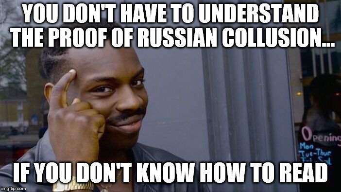 Roll Safe Think About It Meme | YOU DON'T HAVE TO UNDERSTAND THE PROOF OF RUSSIAN COLLUSION... IF YOU DON'T KNOW HOW TO READ | image tagged in memes,roll safe think about it,donald trump,trump,trump russia collusion | made w/ Imgflip meme maker