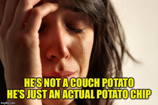 First World Problems Meme | HE’S NOT A COUCH POTATO HE’S JUST AN ACTUAL POTATO CHIP | image tagged in memes,first world problems | made w/ Imgflip meme maker