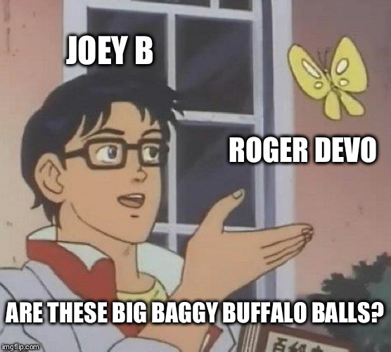 Is This A Pigeon | JOEY B; ROGER DEVO; ARE THESE BIG BAGGY BUFFALO BALLS? | image tagged in memes,is this a pigeon | made w/ Imgflip meme maker