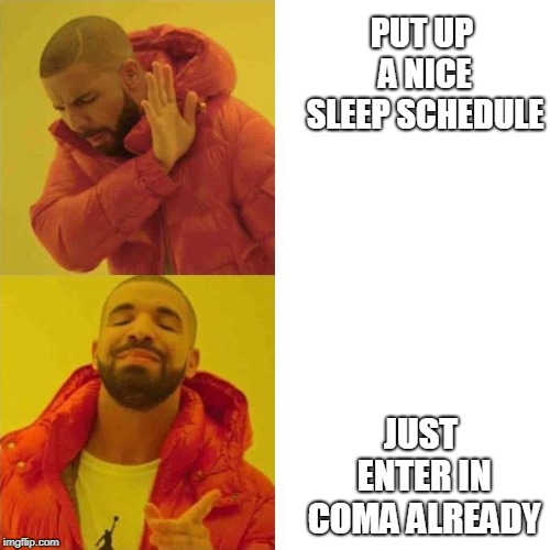 coma | PUT UP A NICE SLEEP SCHEDULE; JUST ENTER IN COMA ALREADY | image tagged in coma | made w/ Imgflip meme maker