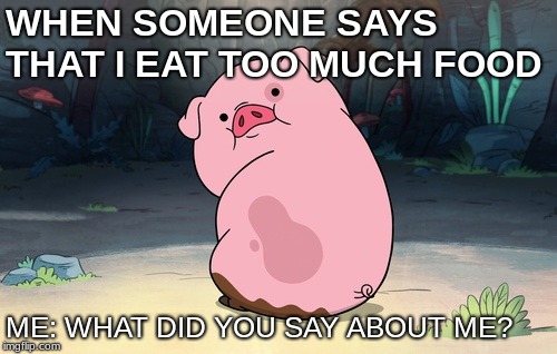 Gravity Falls pig | WHEN SOMEONE SAYS THAT I EAT TOO MUCH FOOD; ME: WHAT DID YOU SAY ABOUT ME? | image tagged in gravity falls pig | made w/ Imgflip meme maker