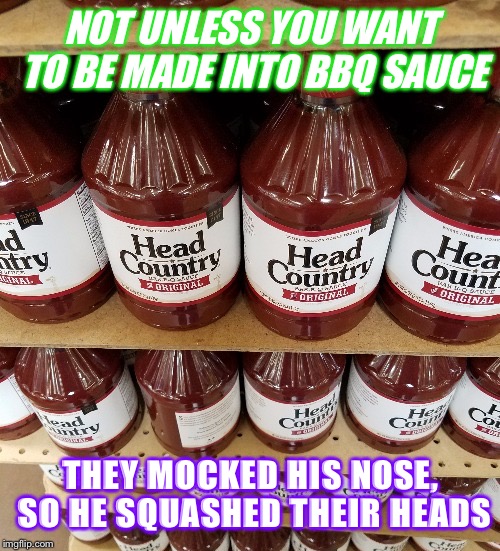 NOT UNLESS YOU WANT TO BE MADE INTO BBQ SAUCE THEY MOCKED HIS NOSE, SO HE SQUASHED THEIR HEADS | made w/ Imgflip meme maker
