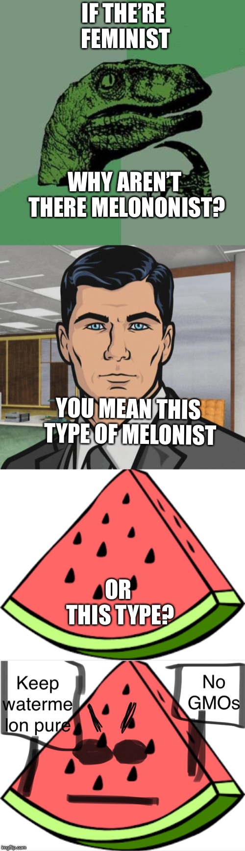If the’re feminist | IF THE’RE FEMINIST; WHY AREN’T THERE MELONONIST? YOU MEAN THIS TYPE OF MELONIST; OR THIS TYPE? | image tagged in memes,philosoraptor,archer,feminism,funny,i wonder | made w/ Imgflip meme maker