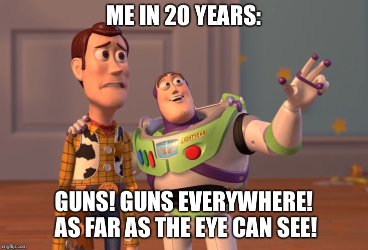 X, X Everywhere Meme | ME IN 20 YEARS:; GUNS! GUNS EVERYWHERE! AS FAR AS THE EYE CAN SEE! | image tagged in memes,x x everywhere | made w/ Imgflip meme maker