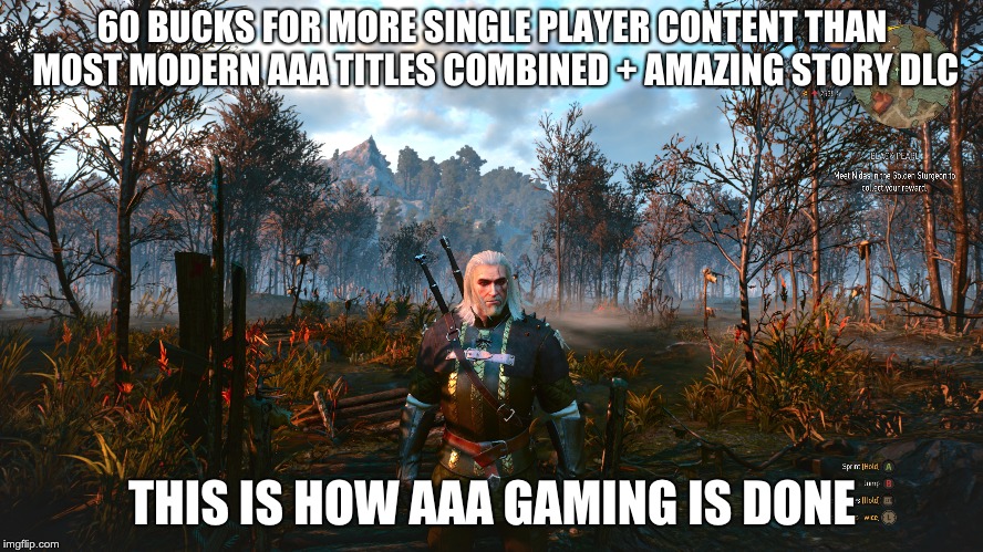 60 BUCKS FOR MORE SINGLE PLAYER CONTENT THAN MOST MODERN AAA TITLES COMBINED + AMAZING STORY DLC; THIS IS HOW AAA GAMING IS DONE | image tagged in gaming | made w/ Imgflip meme maker