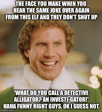 Buddy The Elf Meme | THE FACE YOU MAKE WHEN YOU HEAR THE SAME JOKE OVER AGAIN FROM THIS ELF AND THEY DON’T SHUT UP; “WHAT DO YOU CALL A DETECTIVE ALLIGATOR? AN INVESTI-GATOR!” HAHA FUNNY RIGHT GUYS, OK I GUESS NOT. | image tagged in memes,buddy the elf | made w/ Imgflip meme maker