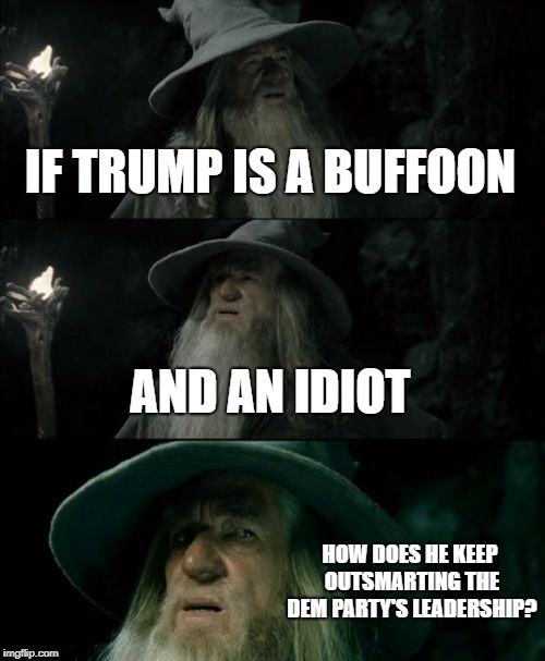 Confused Gandalf | IF TRUMP IS A BUFFOON; AND AN IDIOT; HOW DOES HE KEEP OUTSMARTING THE DEM PARTY'S LEADERSHIP? | image tagged in memes,confused gandalf | made w/ Imgflip meme maker