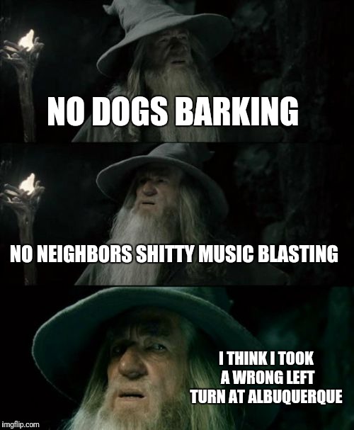 Confused Gandalf Meme | NO DOGS BARKING; NO NEIGHBORS SHITTY MUSIC BLASTING; I THINK I TOOK A WRONG LEFT TURN AT ALBUQUERQUE | image tagged in memes,confused gandalf | made w/ Imgflip meme maker