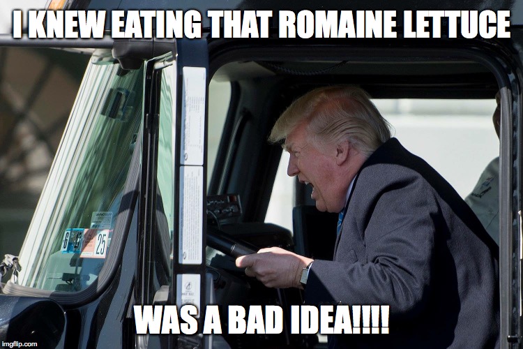 Trump truck president yelling | I KNEW EATING THAT ROMAINE LETTUCE; WAS A BAD IDEA!!!! | image tagged in trump truck president yelling,memes,funny,donald trump | made w/ Imgflip meme maker