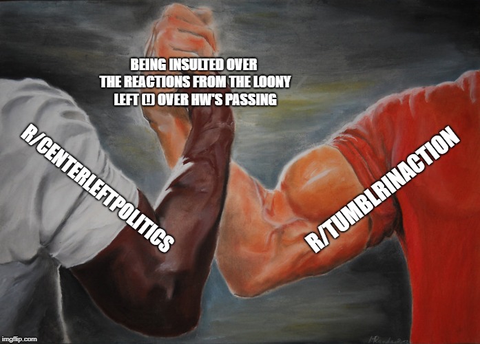 Epic Handshake Meme | BEING INSULTED OVER THE REACTIONS FROM THE LOONY LEFT (!) OVER HW'S PASSING; R/TUMBLRINACTION; R/CENTERLEFTPOLITICS | image tagged in epic handshake | made w/ Imgflip meme maker