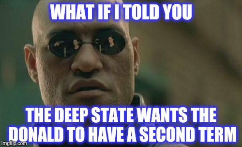 Matrix Morpheus Meme | WHAT IF I TOLD YOU THE DEEP STATE WANTS THE DONALD TO HAVE A SECOND TERM | image tagged in memes,matrix morpheus | made w/ Imgflip meme maker