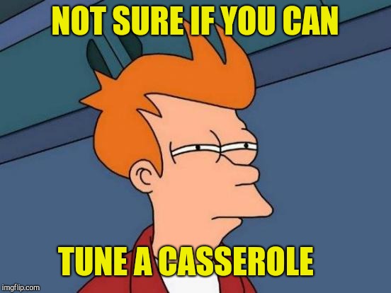 Futurama Fry Meme | NOT SURE IF YOU CAN TUNE A CASSEROLE | image tagged in memes,futurama fry | made w/ Imgflip meme maker