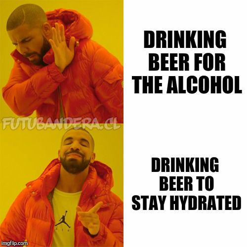 Drake Hotline Bling Meme | DRINKING BEER FOR THE ALCOHOL DRINKING BEER TO STAY HYDRATED | image tagged in drake | made w/ Imgflip meme maker