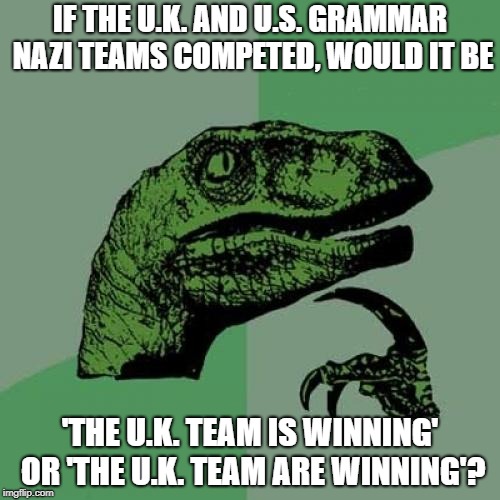 Grammar saw us wrecks | IF THE U.K. AND U.S. GRAMMAR NAZI TEAMS COMPETED, WOULD IT BE; 'THE U.K. TEAM IS WINNING' OR 'THE U.K. TEAM ARE WINNING'? | image tagged in memes,philosoraptor,grammar nazi,bad grammar,grammar | made w/ Imgflip meme maker
