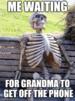 Waiting Skeleton Meme | ME WAITING; FOR GRANDMA TO GET OFF THE PHONE | image tagged in memes,waiting skeleton | made w/ Imgflip meme maker