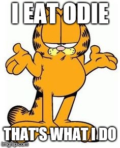 Garfield shrug | I EAT ODIE THAT'S WHAT I DO | image tagged in garfield shrug | made w/ Imgflip meme maker