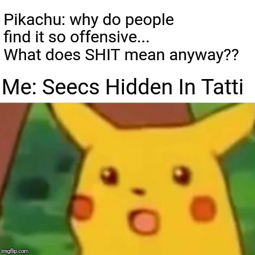 Surprised Pikachu Meme | Pikachu: why do people find it so offensive... What does SHIT mean anyway?? Me: Seecs Hidden In Tatti | image tagged in memes,surprised pikachu | made w/ Imgflip meme maker