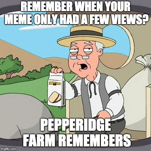 Pepperidge Farm Remembers Meme | REMEMBER WHEN YOUR MEME ONLY HAD A FEW VIEWS? PEPPERIDGE FARM REMEMBERS | image tagged in memes,pepperidge farm remembers | made w/ Imgflip meme maker