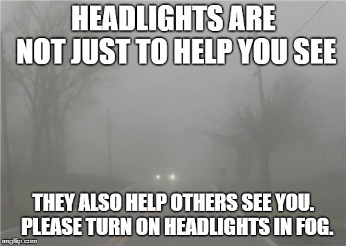 Fog | HEADLIGHTS ARE NOT JUST TO HELP YOU SEE; THEY ALSO HELP OTHERS SEE YOU.  PLEASE TURN ON HEADLIGHTS IN FOG. | image tagged in fog | made w/ Imgflip meme maker
