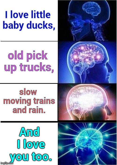 I Love You Too. | I love little baby ducks, old pick up trucks, slow moving trains and rain. And I love you too. | image tagged in memes,expanding brain,i love you this much,i love you,meme,give peace a chance | made w/ Imgflip meme maker