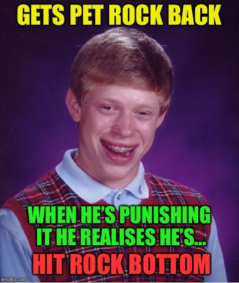 Bad Luck Brian Meme | GETS PET ROCK BACK WHEN HE’S PUNISHING IT HE REALISES HE’S... HIT ROCK BOTTOM | image tagged in memes,bad luck brian | made w/ Imgflip meme maker