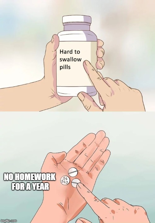 Hard To Swallow Pills Meme | NO HOMEWORK FOR A YEAR | image tagged in memes,hard to swallow pills | made w/ Imgflip meme maker
