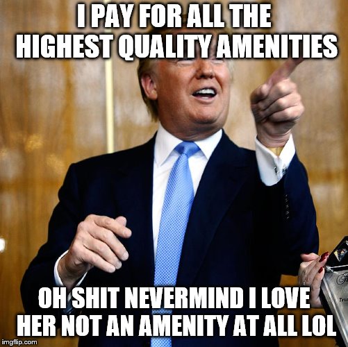 Donal Trump Birthday | I PAY FOR ALL THE HIGHEST QUALITY AMENITIES OH SHIT NEVERMIND I LOVE HER NOT AN AMENITY AT ALL LOL | image tagged in donal trump birthday | made w/ Imgflip meme maker