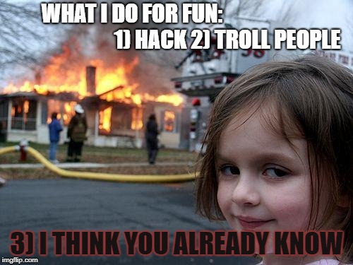 Disaster Girl Meme | WHAT I DO FOR FUN:                                             1) HACK 2) TROLL PEOPLE; 3) I THINK YOU ALREADY KNOW | image tagged in memes,disaster girl | made w/ Imgflip meme maker