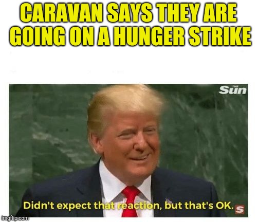 Trump didn't expect that reaction | CARAVAN SAYS THEY ARE GOING ON A HUNGER STRIKE | image tagged in trump didn't expect that reaction | made w/ Imgflip meme maker