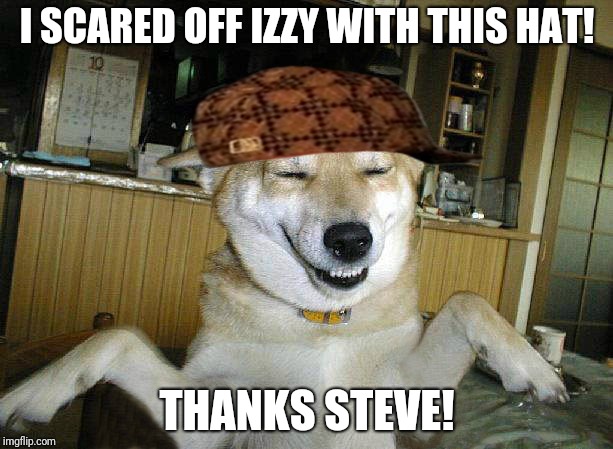 Who likes Izzy anyway? | I SCARED OFF IZZY WITH THIS HAT! THANKS STEVE! | image tagged in steve,izzy,scumbag dog | made w/ Imgflip meme maker