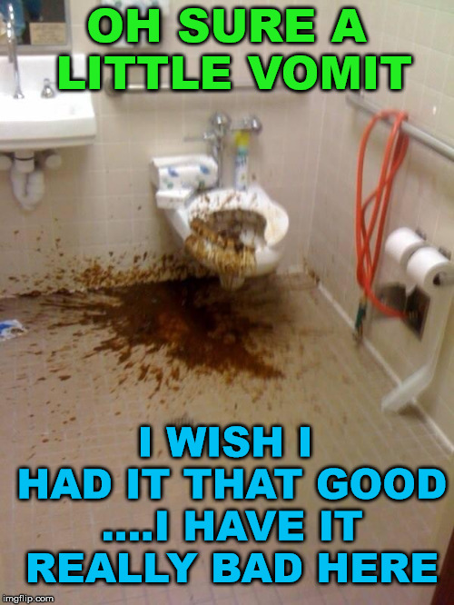 Girls poop too | OH SURE A LITTLE VOMIT; I WISH I HAD IT THAT GOOD ....I HAVE IT REALLY BAD HERE | image tagged in girls poop too | made w/ Imgflip meme maker