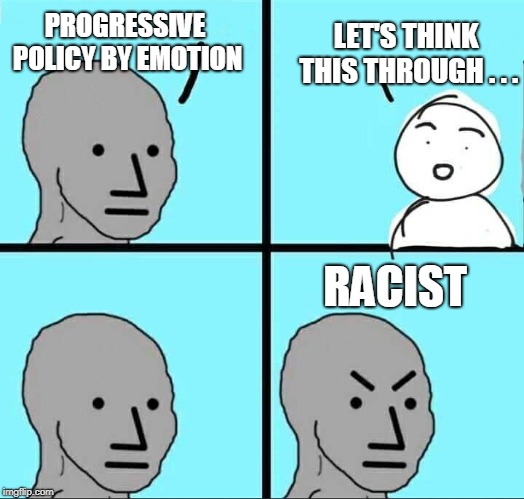 NPC Meme | PROGRESSIVE POLICY BY EMOTION LET'S THINK THIS THROUGH . . . RACIST | image tagged in npc meme | made w/ Imgflip meme maker