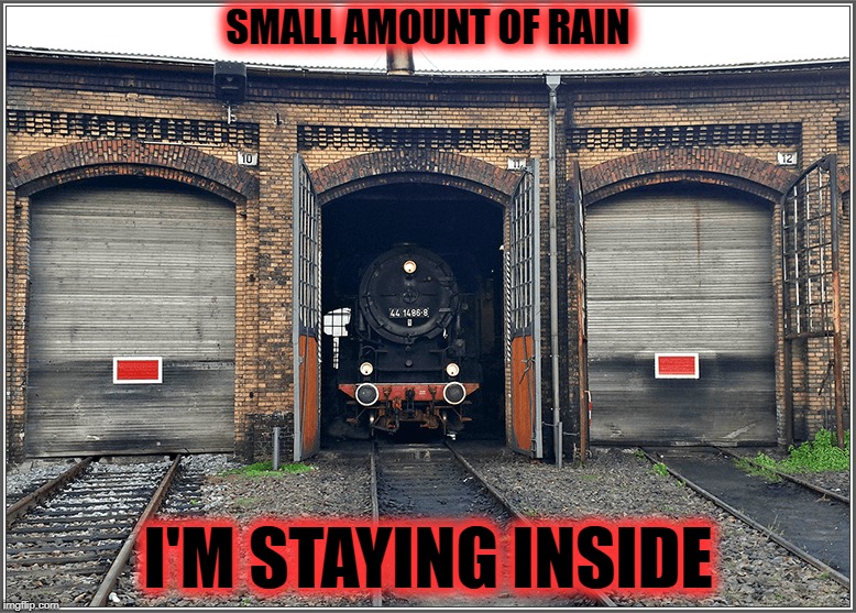 Loco Motive | SMALL AMOUNT OF RAIN; I'M STAYING INSIDE | image tagged in memes | made w/ Imgflip meme maker