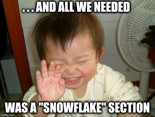 Happy Baby | . . . AND ALL WE NEEDED WAS A "SNOWFLAKE" SECTION | image tagged in happy baby | made w/ Imgflip meme maker