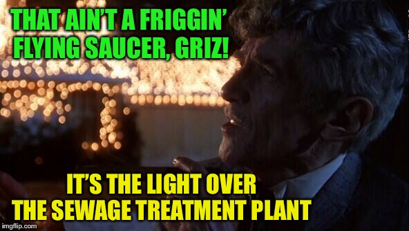 THAT AIN’T A FRIGGIN’ FLYING SAUCER, GRIZ! IT’S THE LIGHT OVER THE SEWAGE TREATMENT PLANT | made w/ Imgflip meme maker