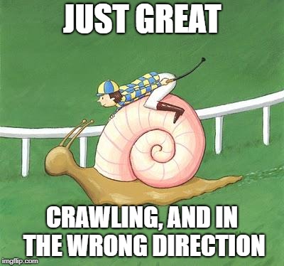 Snail Jockey | JUST GREAT; CRAWLING, AND IN THE WRONG DIRECTION | image tagged in snail jockey | made w/ Imgflip meme maker
