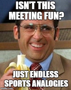 Finance Manager | ISN'T THIS MEETING FUN? JUST ENDLESS SPORTS ANALOGIES | image tagged in finance manager | made w/ Imgflip meme maker